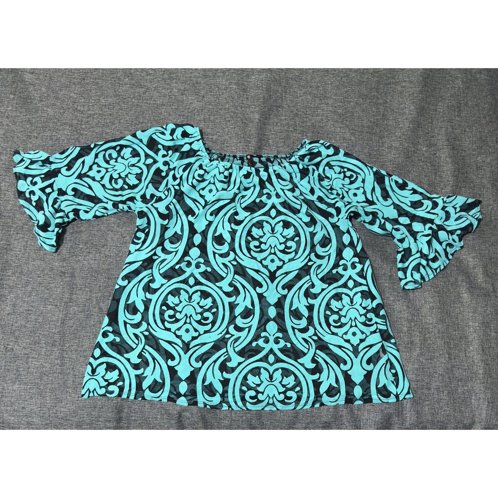 Vision Women's 2XL Blouse Teal‎ Black Damask Bell Sleeve Off Shoulder